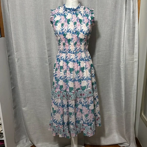 Oliphant brand Dress-XS-Floral-Sleeveless-Cotton-Maxi-Lined-Blue/Pink/Green-EUC